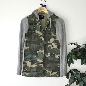 Boy Meets Girl Camo Utility Jacket With Sweatshirt Sleeves and Hood